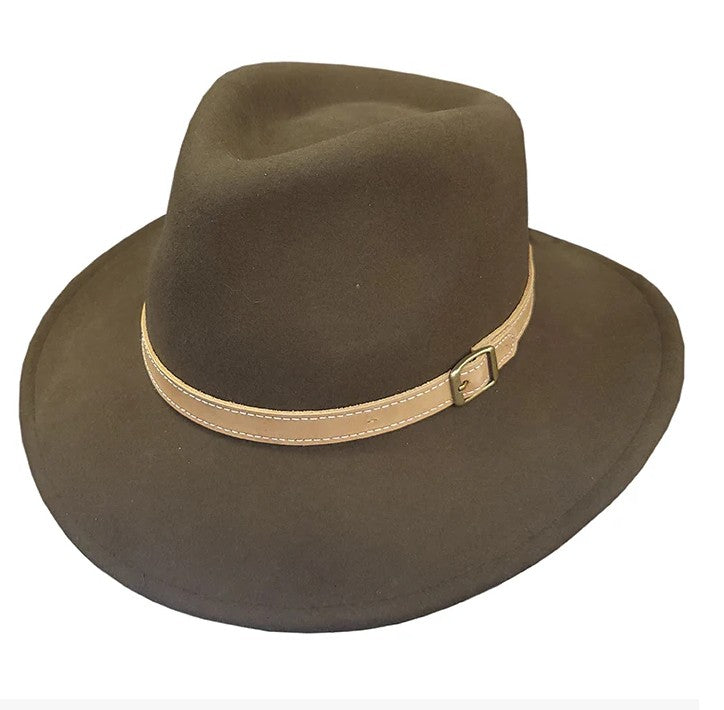 American Hat Makers Boondocks Fedora Hat made of wool with leather band and 2 3/4" brim in brown color.