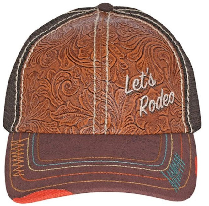 Catchfly Ladies Let’s Rodeo Brown Tooled Leather Ponytail Baseball Cap