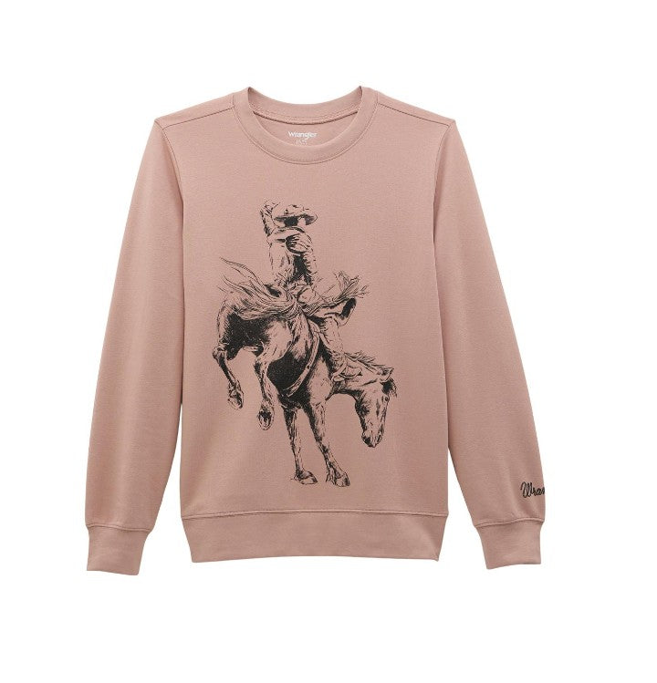 Women's Wrangler Retro® Crew Sweatshirt in Misty Rose with cowboy graphic design
