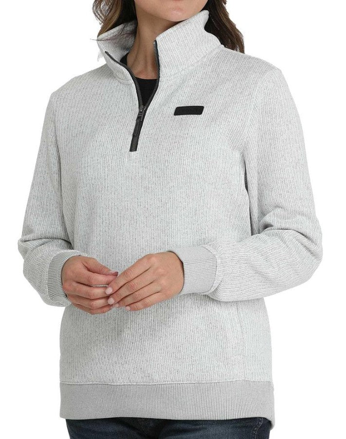 Cinch Women's Grey 1/4 Zip Pull Over with rib knit trim and Metaluxe zipper, perfect for casual wear. womens grey 1/4 zip pullover.