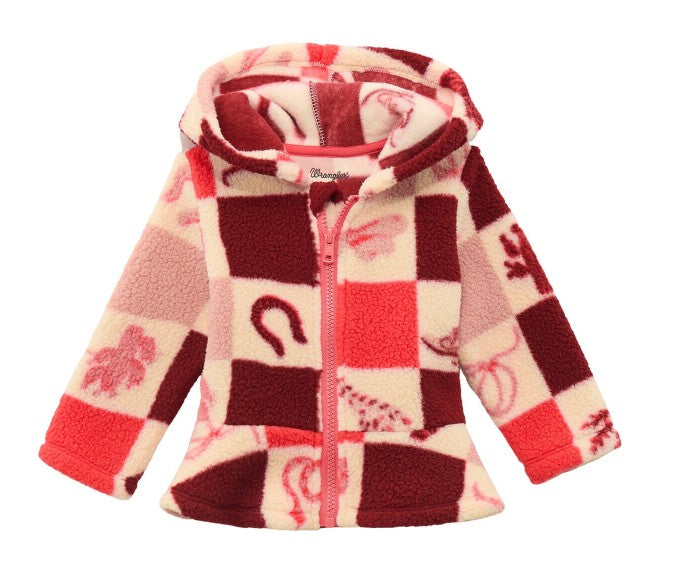 Wrangler Toddler Girls' Conversational Sherpa Jacket in pink and ivory checkered pattern with attached hood and front zip.