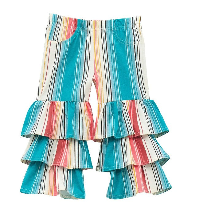 Wrangler Baby Girl Pull Up Flare Jean in turquoise stripe with ruffled flares for stylish comfort.
