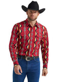 Wrangler Checotah® Western Long Sleeve Shirt in Red Multi with classic fit, modeled by a man wearing a cowboy hat.