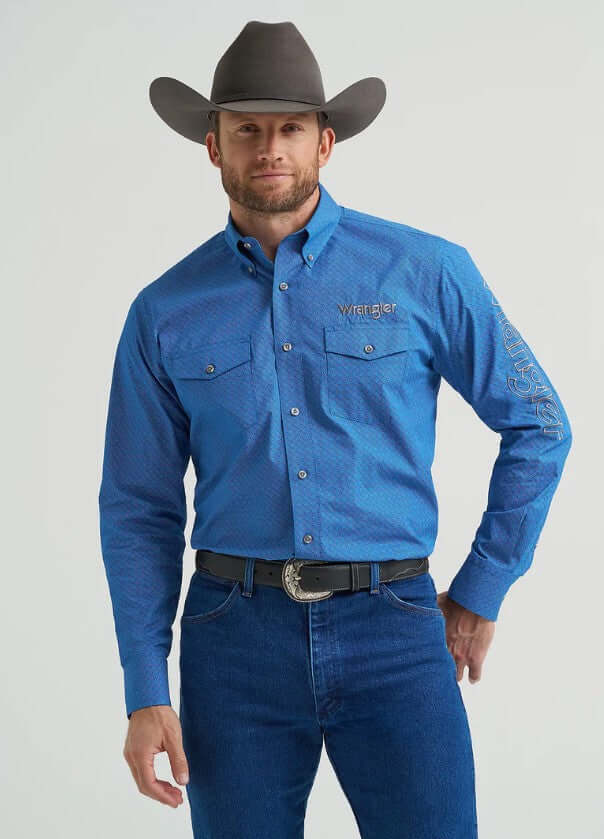 Wrangler Mens Logo Western Shirt Cerulean Hatch - 112369443