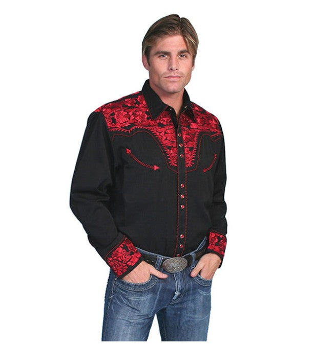 Scully Mens Floral Embroidered Western Snap Shirt Black & Crimson