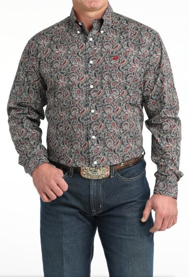 Cinch - Mens Long Sleeve Paisley Button Down Shirt - Navy