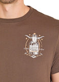 Rock & Roll Denim Graphic Tee featuring a whiskey bottle graphic on a chocolate brown background.
