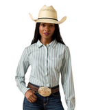 ARIAT Womens Kirby Pro Green Bay Strip Shirt paired with a stylish cowboy hat, ideal for riding or casual wear.