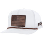 Hooey Liberty Roper white snapback hat with leather flag patch and braided details