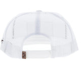 Back view of Hooey Liberty Roper white hat with mesh and leather patch, high-profile snapback design.