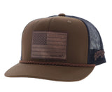Hooey Liberty Roper brown and black snapback cap with leather flag patch and braided detail.