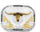 Class Act two tone longhorn belt buckle featuring intricate silver and gold designs.