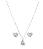 Moonlit Love Jewelry Set featuring a silver heart pendant and matching earrings with cubic zirconia crystals.