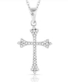 Ethereal crystal cross necklace with clear stones set in silver-tone, featuring a fleur-de-lis design.