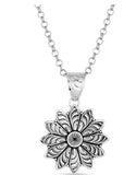Flower Rowel Necklace featuring a delicate floral pendant on a silver chain with black accents.