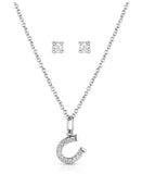Shimmer jewelry set featuring cubic zirconia stud earrings and a crystal-studded horseshoe necklace pendant.