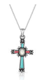Faith Beaming Cross Necklace featuring turquoise and coral-pink accents on a silver-toned chain.