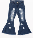 kids stars flare jeans featuring a fun star print design and retro flared hem for trendy young fashionistas.