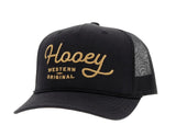 Hooey black hat with gold stitching and mesh back, featuring "Hooey Western Original" design