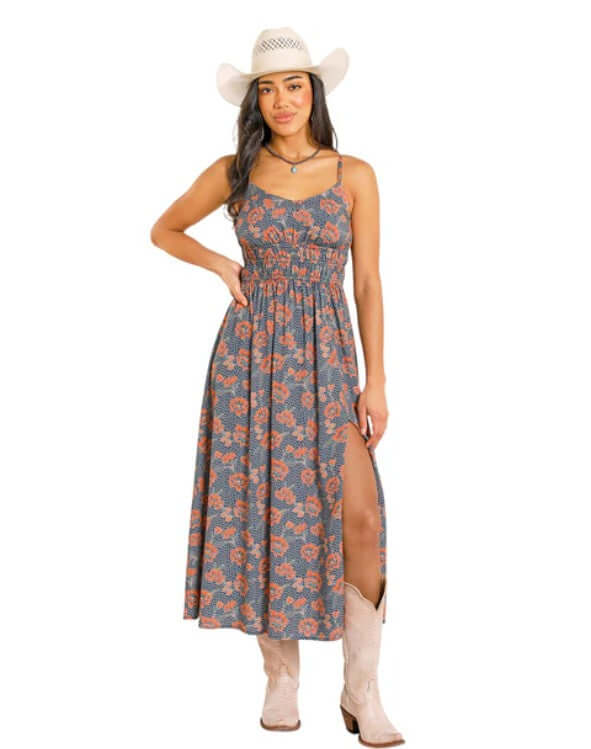 Rock & Roll Denim Floral Print Midi Dress for Women XS