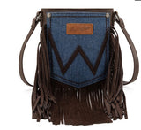 Wrangler Leather Fringe Jean Denim Pocket Crossbody bag in coffee with stylish fringe detailing