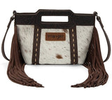 Wrangler Genuine Cowhide Top Handle Fringe Crossbody bag in coffee with floral tooling and leather fringe.