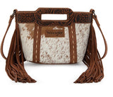 Wrangler genuine cowhide top handle fringe crossbody bag in brown with floral tooled design and leather fringe.
