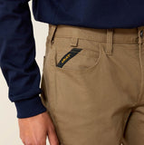 Close-up of Ariat Rebar M4 DuraStretch work pants pocket, highlighting durability and comfort features.