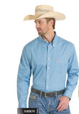 Rock & Roll Denim Men's Aqua Geo Print Long Sleeve Western Shirt worn by man in a cowboy hat.