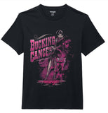 Wrangler Bucking Cancer graphic t-shirt featuring bold hot pink design on classic black background, supporting cancer awareness.