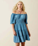 Ariat Women's Juliet Dress in light wash indigo with puff sleeves and tiered design, perfect for summer events.