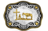 Montana Silversmiths Four Star Christian Cowboy Belt Buckle with intricate engraving and faith-inspired designs.