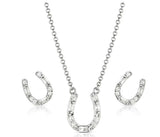 Montana Silversmiths Lucky Stride Horseshoe Jewelry Set featuring a necklace and earrings with sparkling crystals.