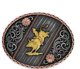 Montana Silversmiths Tri Color Rodeo Buckle | Rose Gold Silver & Gold Bull Rider Western
