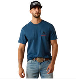 Ariat Flag Bronco Short Sleeve T-Shirt in Key Largo Blue worn by a man, featuring an Ariat logo and a bronc rider graphic.