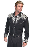 Scully Men's Floral Embroidered Western Snap Shirt in Black & Silver, showcasing intricate floral embroidery details.