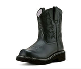 Ariat Fatbaby Black Western Boot with intricate stitching and side pull tabs for easy wear.