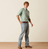 Ariat Men's Lightweight Twill Classic Fit Western Shirt in light green, styled with denim jeans.