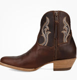 Dan Post Womens Rustic Charm Western Bootie in brown leather side view with decorative stitching.