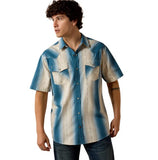 Ariat Men's Retro Hyland Fitted Snap Shirt with blue and cream stripes, perfect for western style and comfort.