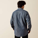 Back view of a man wearing an Ariat Men's Felipe Fitted Snap Shirt in blue, showcasing its stylish design and quality construction.
