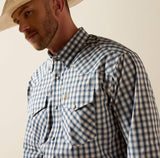 Ariat Men's Pro Series Fintan Classic Fit Snap Shirt in blue check pattern worn by a man with a cowboy hat.
