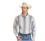 Rock & Roll Cowboy Men's Blue Variegated Stripe Snap Shirt worn by a man in a cowboy hat, showcasing classic style.