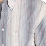 Rock & Roll Cowboy Men's Blue Variegated Stripe Snap Shirt close-up showcasing the unique stripe pattern and comfortable fabric.