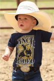 Toddler wearing Cinch Rodeo graphic tee and cowboy hat, perfect for ranch days and rodeo outings.