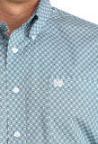 Cinch Men's Blue Geometric Print Short Sleeve Shirt with button-up collar and logo detail.