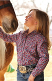 Cruel Girls' Blue Floral Print Long Sleeve Snap Shirt worn by a girl interacting with a horse outdoors.