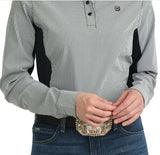 Cinch Women's Long Sleeve Hybrid Arenaflex Black Shirt featuring a stylish striped design and flexible panels for performance.