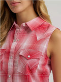 Close-up of a woman wearing the Wrangler Retro Women's Essential Snap Shirt in Red, showcasing Western style and snap details.