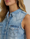 Wrangler Women's Frayed Hem Sleeveless Denim Snap Shirt